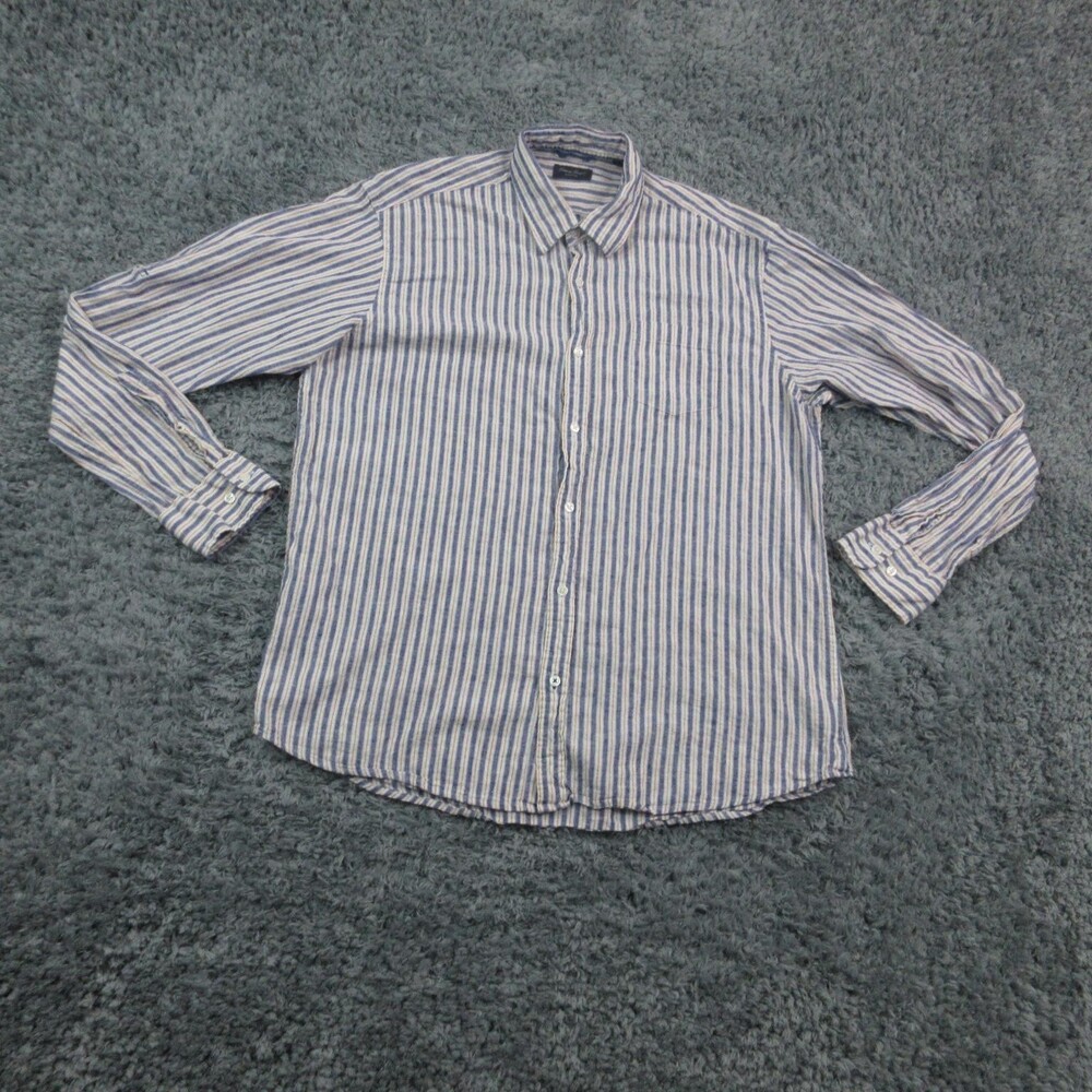 Linea Rosso Shirt Mens XL Blue White Stripe Button Down Linen Cotton Long Sleeve